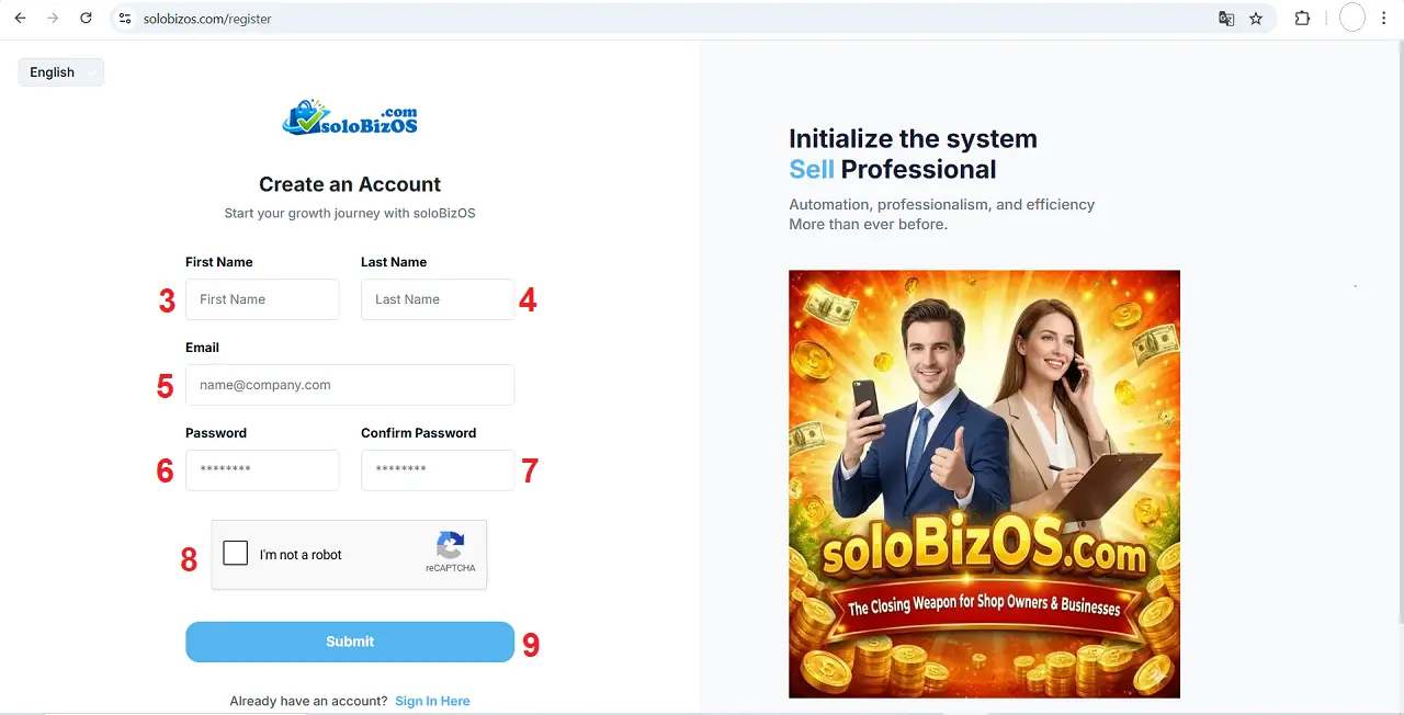 Register an account from soloBizOS
